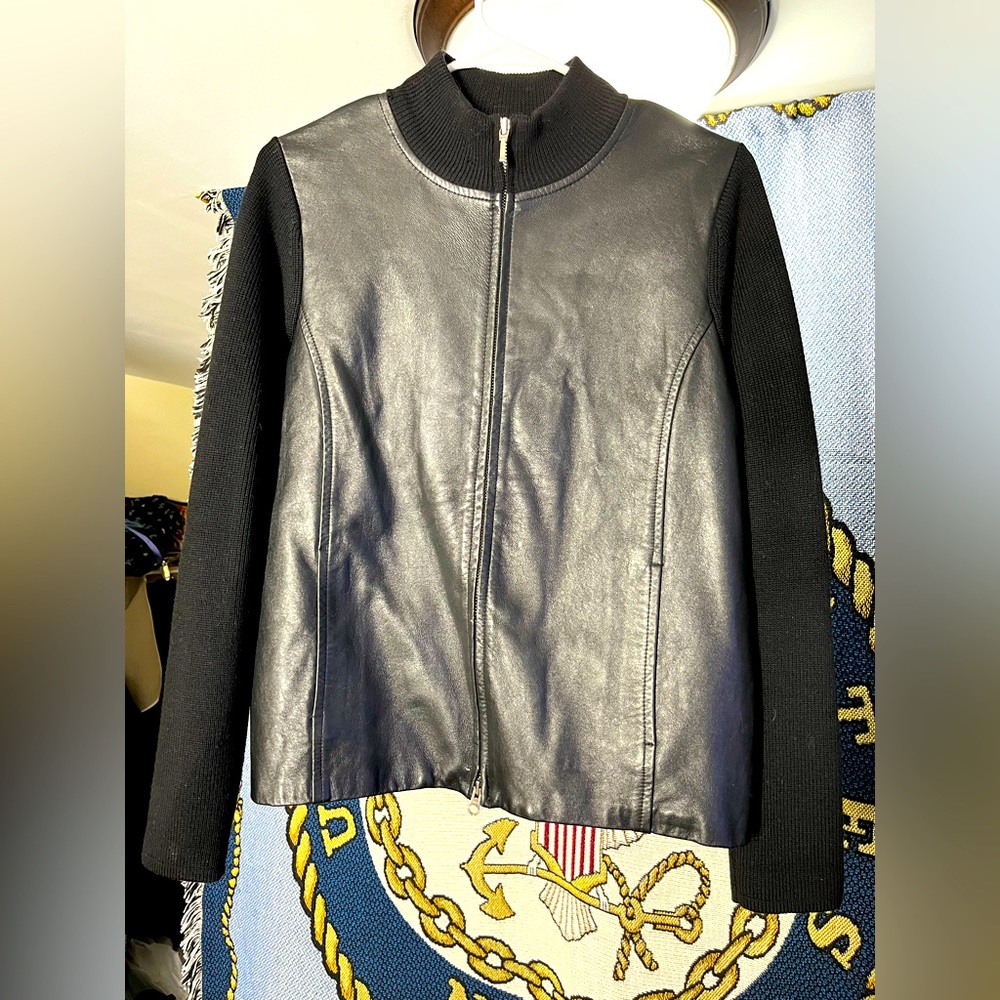 PENDLETON Womens Leather Front Merino Wool Sweater Black Jacket medium